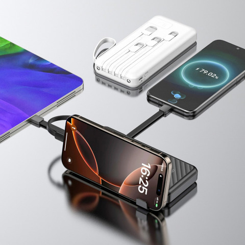 
K11 10000mAh išorinė baterija su įmontuotais laidais – balta
