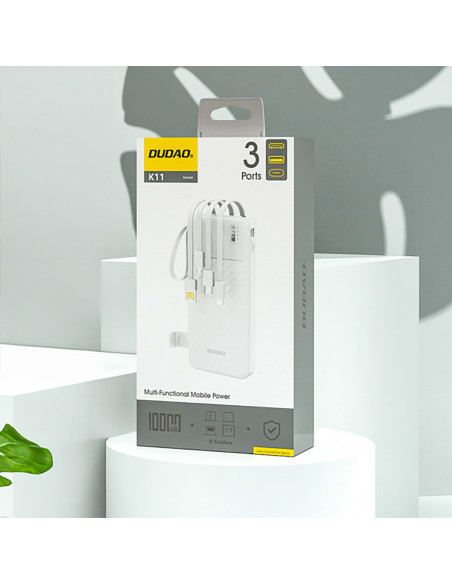 
K11 10000mAh išorinė baterija su įmontuotais laidais – balta
