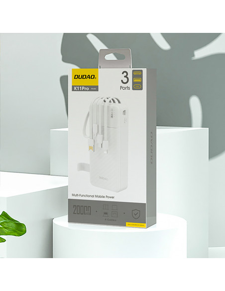 
K11 Pro 20000mAh išorinė baterija su integruotais laidais – balta
