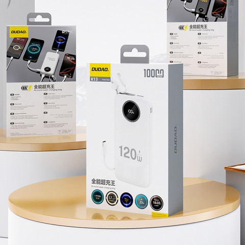 
K13 10000mAh išorinė baterija su integruotu laidu – balta
