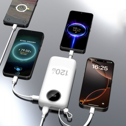 
K13 Pro 20000mAh išorinė baterija su integruotu laidu – balta
