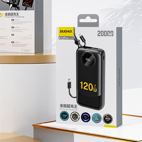 
K13 Pro 20000mAh išorinė baterija su integruotu laidu – juoda
