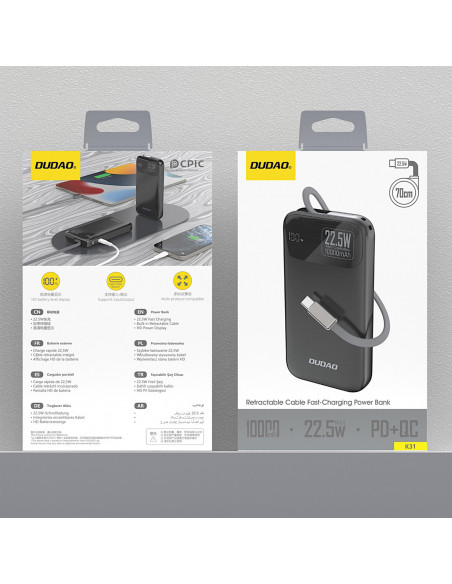 
K31 10000 mAh 22,5 W PD išorinė baterija su integruotu laidu – juoda
