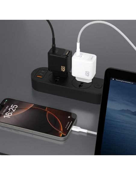 
GaN sieninis įkroviklis su USB-C laidu, 45 W – juodas
