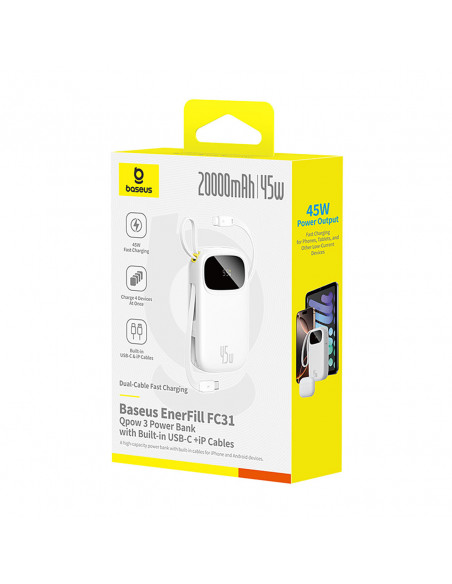 
20000mAh 45W nešiojamoji baterija su ekranu, USB-C, „iPhone“ „Lightning“ laidais – balta
