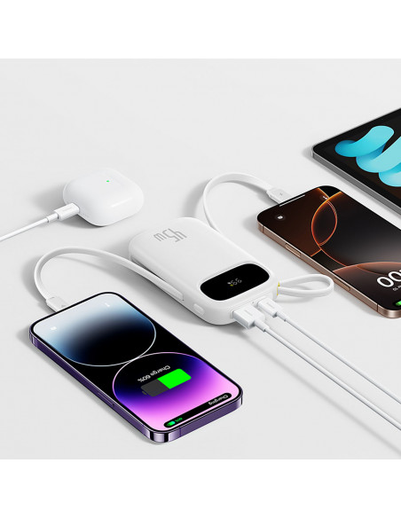 
20000mAh 45W nešiojamoji baterija su ekranu, USB-C, „iPhone“ „Lightning“ laidais – balta
