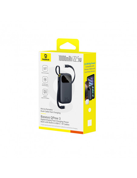 
Išorinė baterija 10000mAh 22.5W su ekranu, USB-C, iPhone Lightning laidas – juoda
