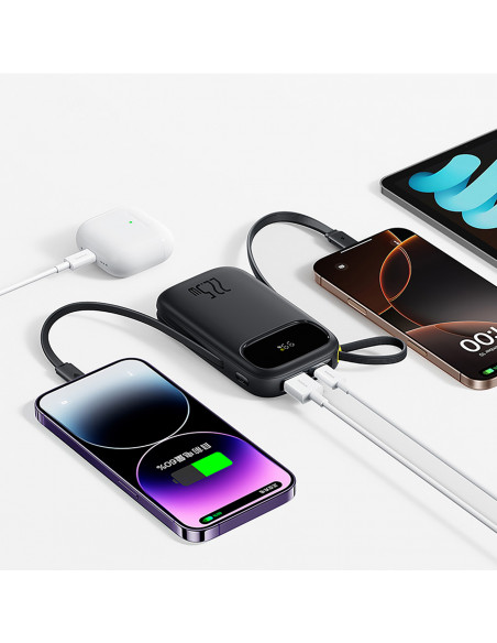 
20000mAh 22,5W nešiojama baterija su ekranu, USB-C, iPhone Lightning laidais – juoda
