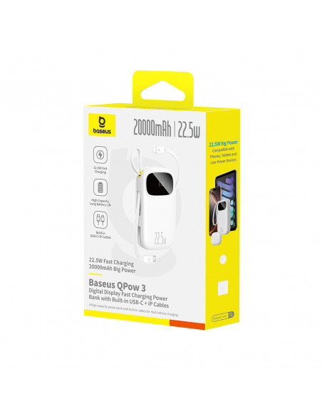 
20000mAh 22,5W nešiojamoji baterija su ekranu, USB-C, „iPhone“ „Lightning“ laidais – balta
