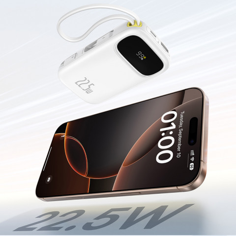 
20000mAh 22,5W nešiojamoji baterija su ekranu, USB-C, „iPhone“ „Lightning“ laidais – balta
