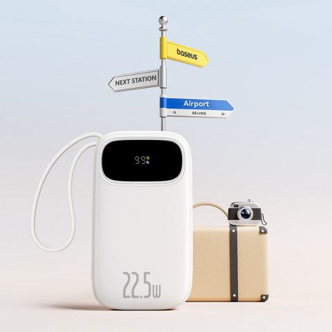 
20000mAh 22,5W nešiojamoji baterija su ekranu, USB-C, „iPhone“ „Lightning“ laidais – balta
