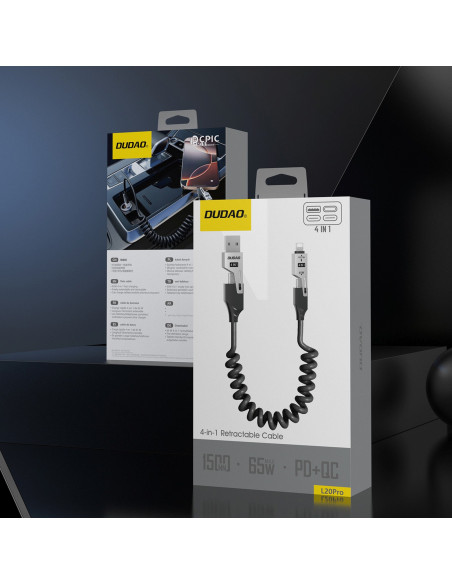 
4 viename spiralinis laidas USB-A / USB-C – „Lightning“ / USB-C – juodas
