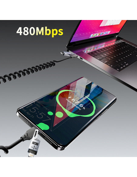 
4 viename spiralinis laidas USB-A / USB-C – „Lightning“ / USB-C – juodas
