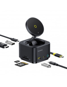 
7in1 šakotuvas su belaidžiu įkrovikliu HDMI USB-A USB-C SD TF MagSafe 15W - juodas
