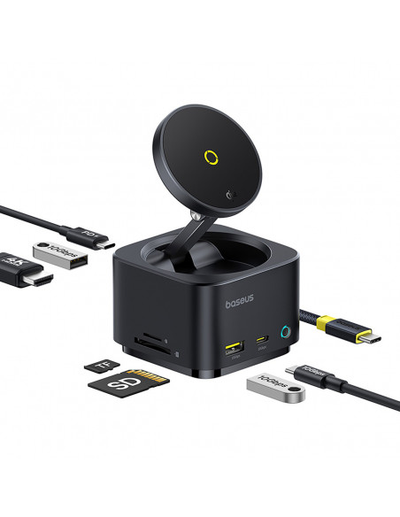 
7in1 šakotuvas su belaidžiu įkrovikliu HDMI USB-A USB-C SD TF MagSafe 15W - juodas
