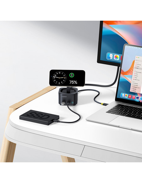 
7in1 šakotuvas su belaidžiu įkrovikliu HDMI USB-A USB-C SD TF MagSafe 15W - juodas
