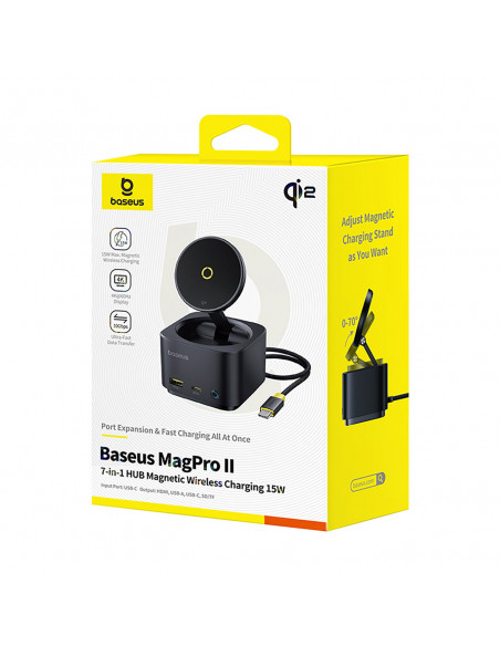 
7in1 šakotuvas su belaidžiu įkrovikliu HDMI USB-A USB-C SD TF MagSafe 15W - juodas
