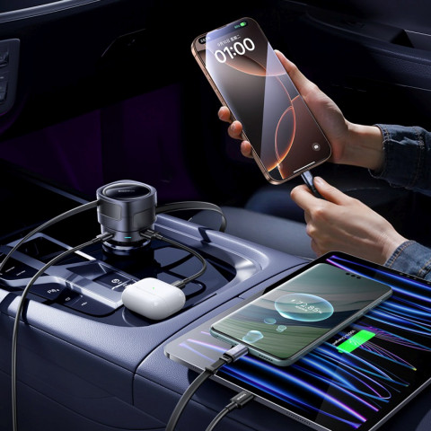 
Automobilinis įkroviklis su ištraukiamais laidais USB-C USB-A 90W
