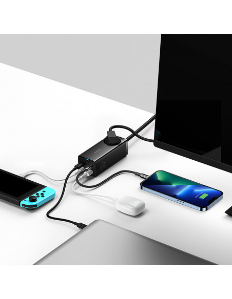 
GaN3 USB-C USB-A prailginimo įkrovimo stotelė, ES lizdas, su USB-C laidu, 100 W, 1 m
