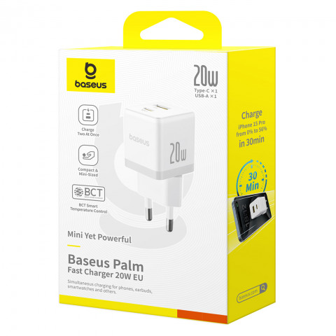
„Palm“ 20 W USB-C USB-A sieninis įkroviklis – baltas
