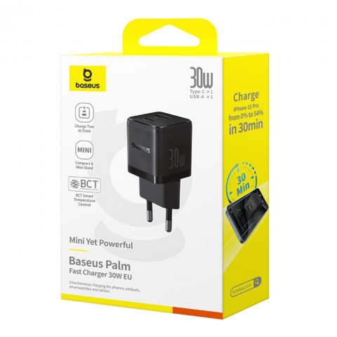 
„Palm“ 30 W USB-C USB-A sieninis įkroviklis – juodas
