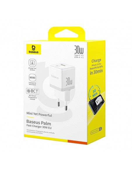
„Palm“ 30 W USB-C USB-A sieninis įkroviklis – baltas
