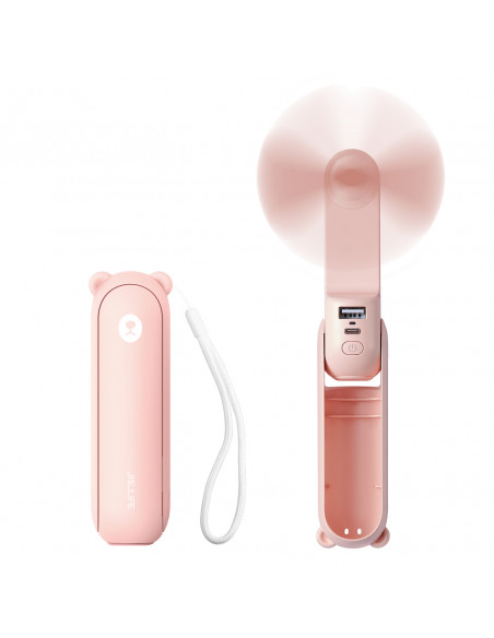 
Mini nešiojamas ventiliatorius su išorinės baterijos funkcija ir žibintuvėliu, USB-A, USB-C, 2000mAh, rožinis
