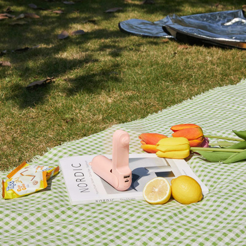 
Mini nešiojamas ventiliatorius su išorinės baterijos funkcija ir žibintuvėliu, USB-A, USB-C, 2000mAh, rožinis
