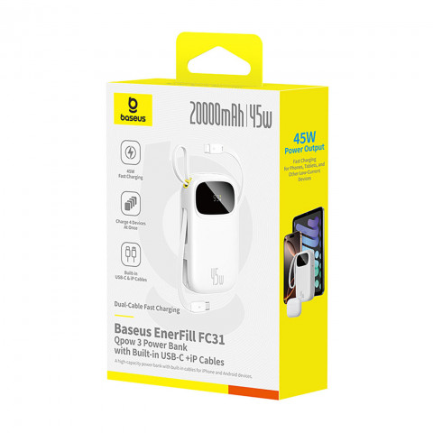 
20000mAh 45W nešiojamoji baterija su ekranu, USB-C, „iPhone“ „Lightning“ laidais – balta
