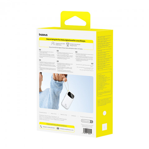 
20000mAh 45W nešiojamoji baterija su ekranu, USB-C, „iPhone“ „Lightning“ laidais – balta
