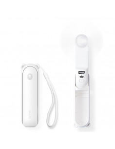 
Mini nešiojamas ventiliatorius su išorinės baterijos funkcija ir žibintuvėliu, USB-A, USB-C, 2000mAh, baltas
