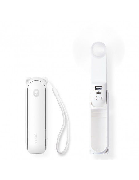 
Mini nešiojamas ventiliatorius su išorinės baterijos funkcija ir žibintuvėliu, USB-A, USB-C, 2000mAh, baltas
