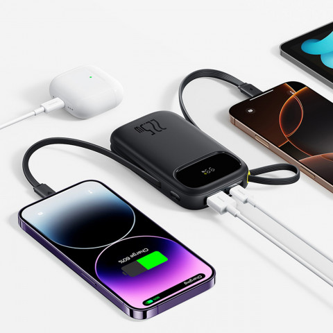 
Išorinė baterija 10000mAh 22.5W su ekranu, USB-C, iPhone Lightning laidas – juoda
