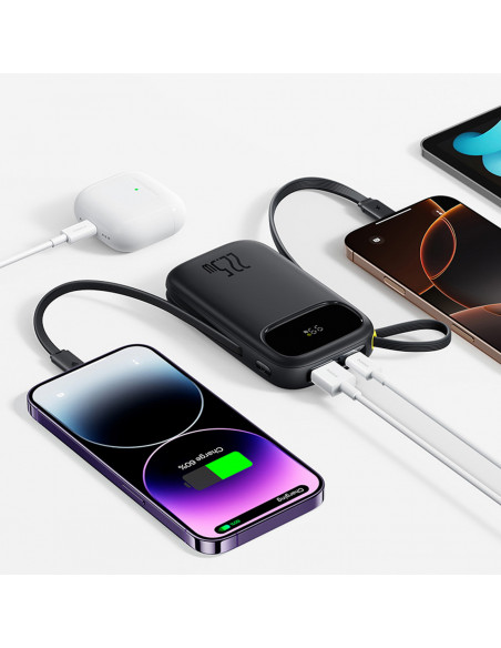 
Išorinė baterija 10000mAh 22.5W su ekranu, USB-C, iPhone Lightning laidas – juoda
