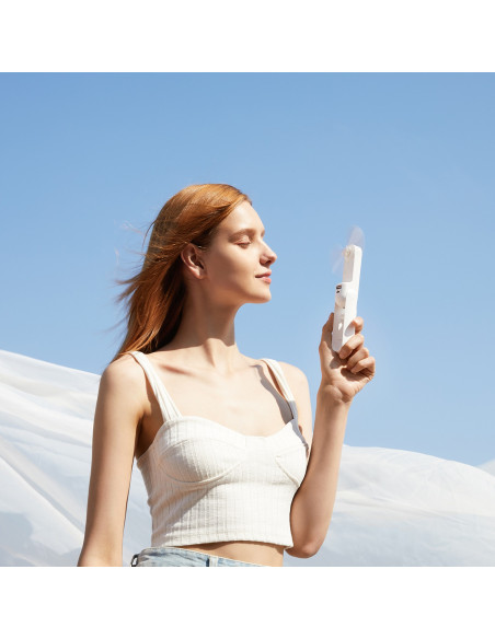 
Mini nešiojamas ventiliatorius su išorinės baterijos funkcija ir žibintuvėliu, USB-A, USB-C, 2000mAh, baltas
