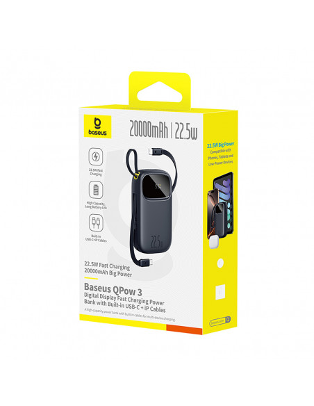 
20000mAh 22,5W nešiojama baterija su ekranu, USB-C, iPhone Lightning laidais – juoda
