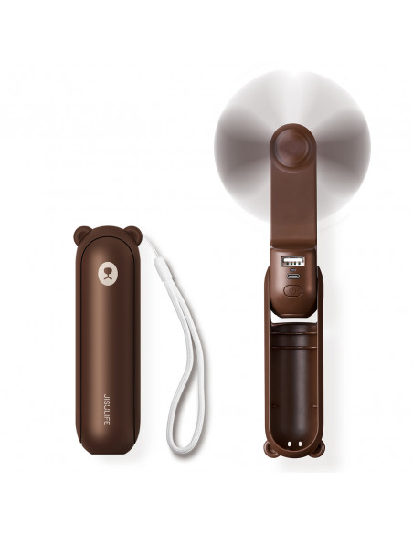 
Mini nešiojamas ventiliatorius su išorinės baterijos funkcija ir žibintuvėliu, USB-A, USB-C, 2000mAh - rudas
