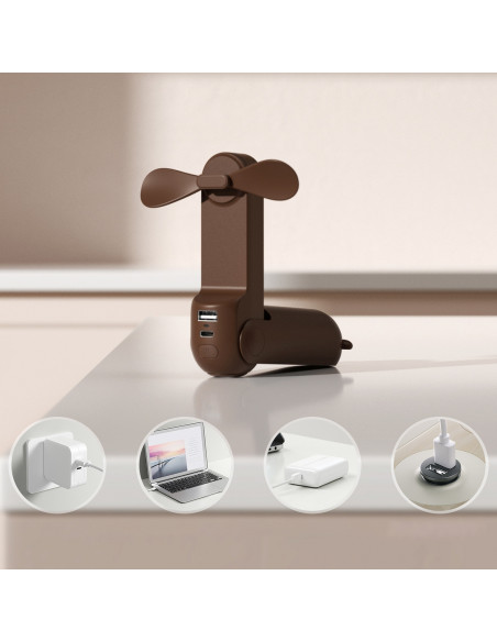 
Mini nešiojamas ventiliatorius su išorinės baterijos funkcija ir žibintuvėliu, USB-A, USB-C, 2000mAh - rudas
