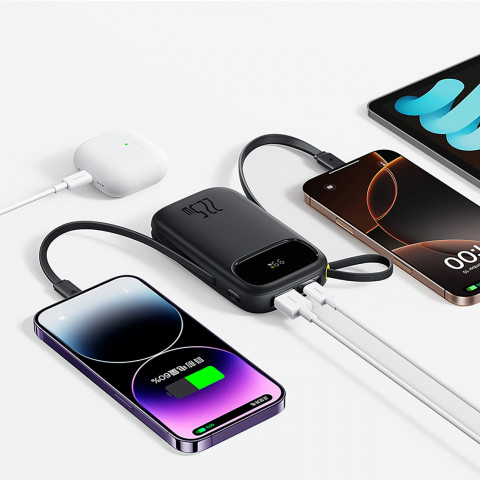 
20000mAh 22,5W nešiojama baterija su ekranu, USB-C, iPhone Lightning laidais – juoda
