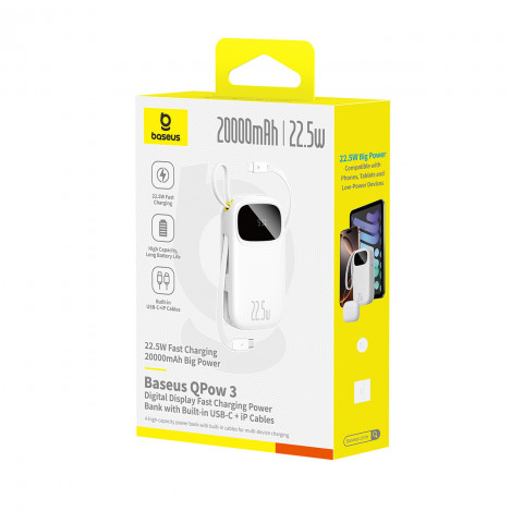 
20000mAh 22,5W nešiojamoji baterija su ekranu, USB-C, „iPhone“ „Lightning“ laidais – balta
