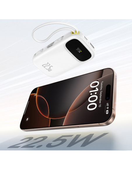 
20000mAh 22,5W nešiojamoji baterija su ekranu, USB-C, „iPhone“ „Lightning“ laidais – balta
