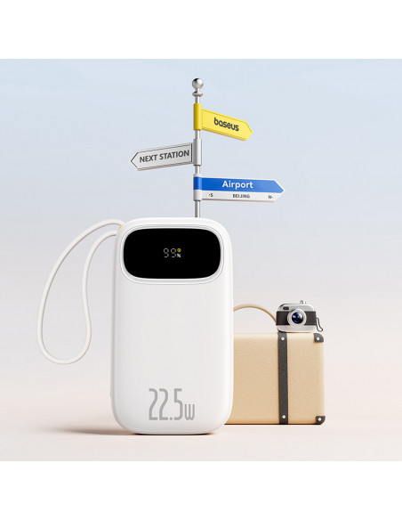 
20000mAh 22,5W nešiojamoji baterija su ekranu, USB-C, „iPhone“ „Lightning“ laidais – balta
