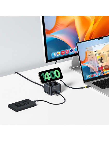 
7in1 šakotuvas su belaidžiu įkrovikliu HDMI USB-A USB-C SD TF MagSafe 15W - juodas
