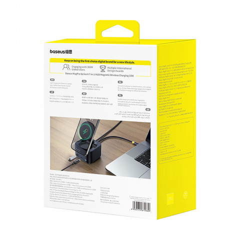 
7in1 šakotuvas su belaidžiu įkrovikliu HDMI USB-A USB-C SD TF MagSafe 15W - juodas
