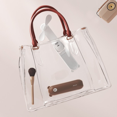 
Nešiojamas mini ventiliatorius su USB-A ir USB-C žibintuvėliu, 4500 mAh, rudas
