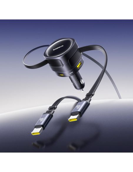 
Automobilinis įkroviklis su ištraukiamais laidais USB-C USB-A 90W
