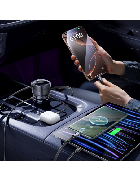 
Automobilinis įkroviklis su ištraukiamais laidais USB-C USB-A 90W
