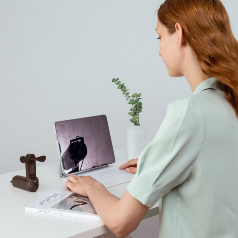 
Nešiojamas mini ventiliatorius su USB-A ir USB-C žibintuvėliu, 4500 mAh, rudas
