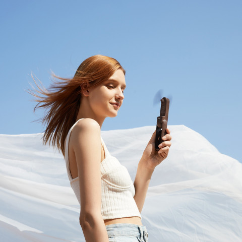 
Nešiojamas mini ventiliatorius su USB-A ir USB-C žibintuvėliu, 4500 mAh, rudas
