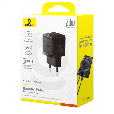 
„Palm“ 20 W USB-C sieninis įkroviklis – juodas
